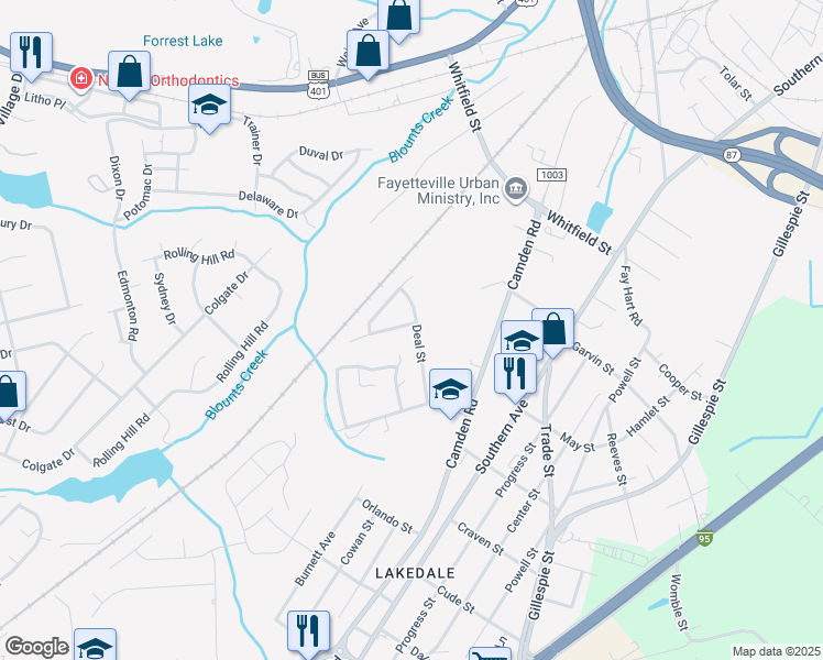 map of restaurants, bars, coffee shops, grocery stores, and more near 1503 Deal Street in Fayetteville
