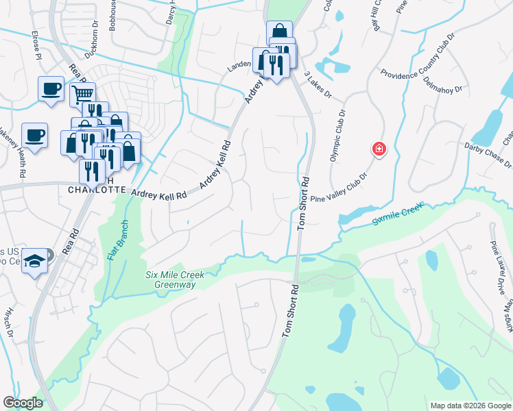 map of restaurants, bars, coffee shops, grocery stores, and more near 12538 Abbotsbury Court in Charlotte