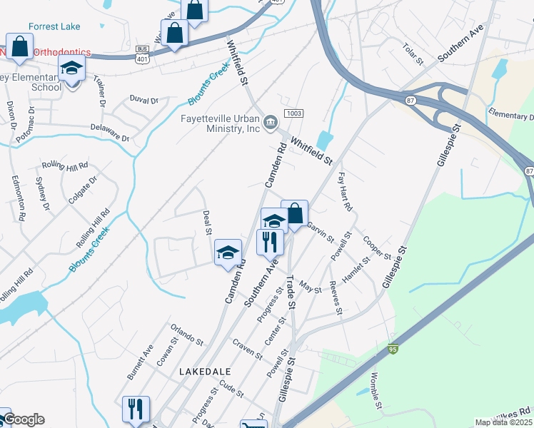 map of restaurants, bars, coffee shops, grocery stores, and more near 1323 Camden Road in Fayetteville