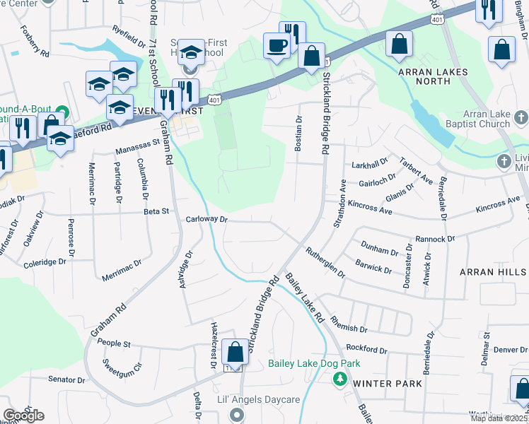 map of restaurants, bars, coffee shops, grocery stores, and more near 1101 Ayton Place in Fayetteville