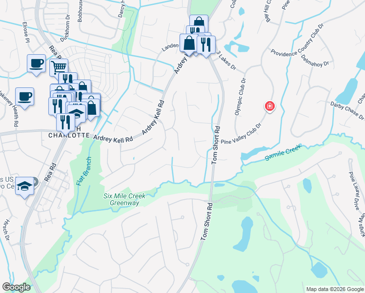 map of restaurants, bars, coffee shops, grocery stores, and more near 12538 Abbotsbury Court in Charlotte