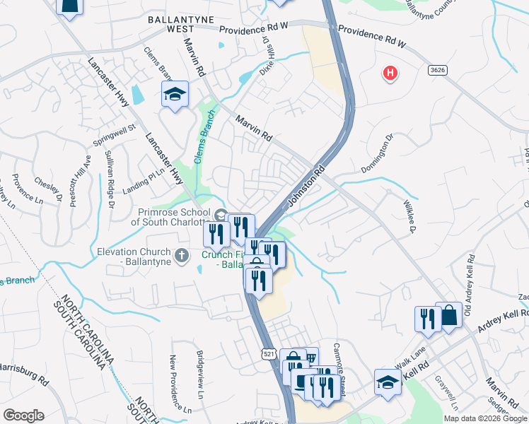 map of restaurants, bars, coffee shops, grocery stores, and more near 11805 Royal Castle Court in Charlotte