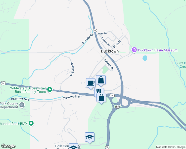 map of restaurants, bars, coffee shops, grocery stores, and more near 196 Main Street in Copperhill