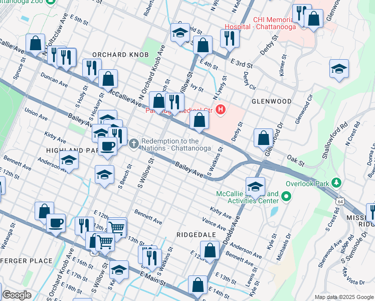 map of restaurants, bars, coffee shops, grocery stores, and more near 2209 Chamberlain Avenue in Chattanooga
