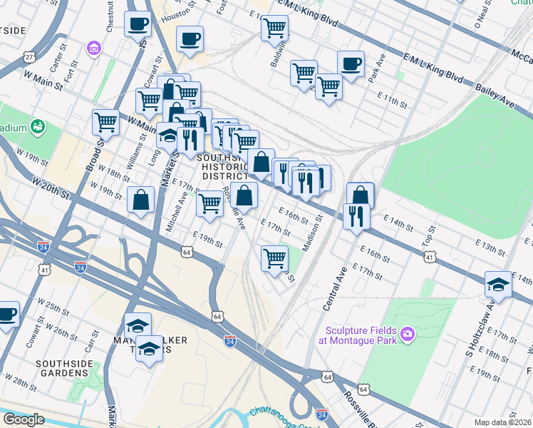 map of restaurants, bars, coffee shops, grocery stores, and more near 501 East 17th Street in Chattanooga