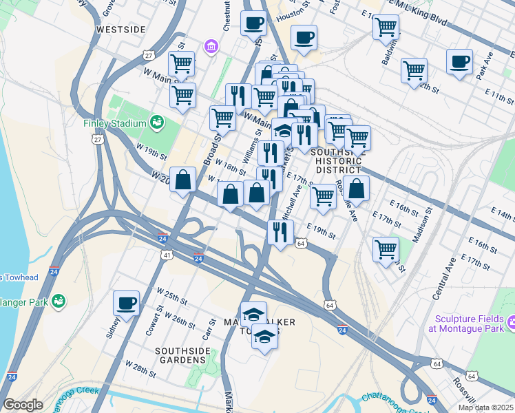 map of restaurants, bars, coffee shops, grocery stores, and more near 27 Long Street Alley in Chattanooga