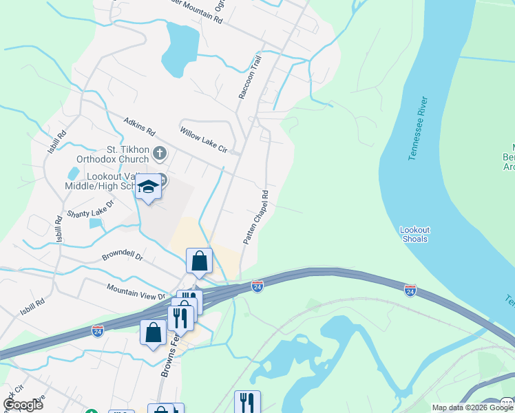 map of restaurants, bars, coffee shops, grocery stores, and more near 348 Patten Chapel Road in Chattanooga