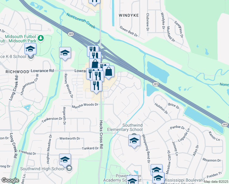 map of restaurants, bars, coffee shops, grocery stores, and more near 8042 Waterford Place in Memphis