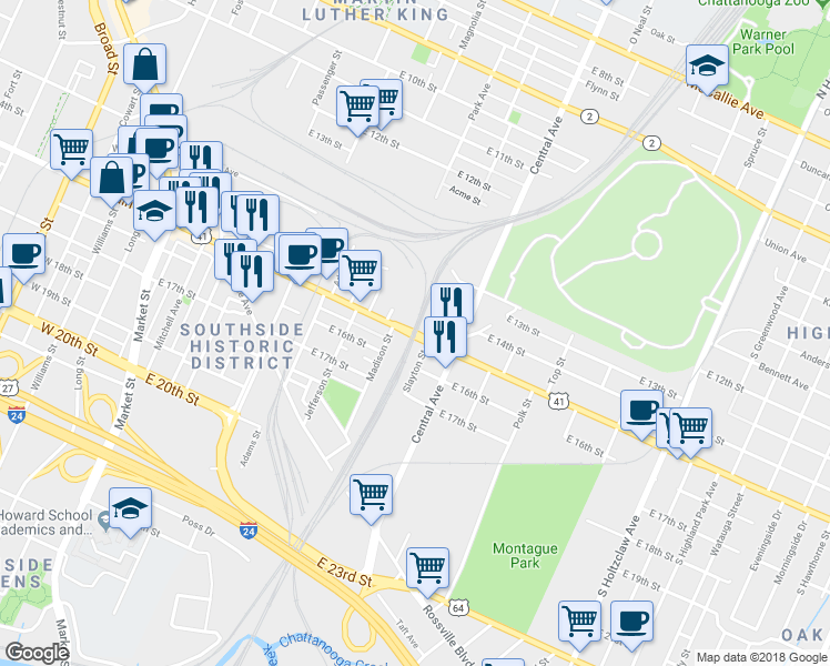 map of restaurants, bars, coffee shops, grocery stores, and more near East Main Street in Chattanooga