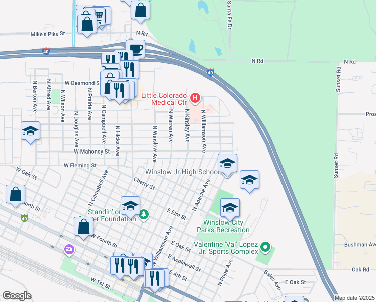 map of restaurants, bars, coffee shops, grocery stores, and more near 100 West Mahoney Street in Winslow