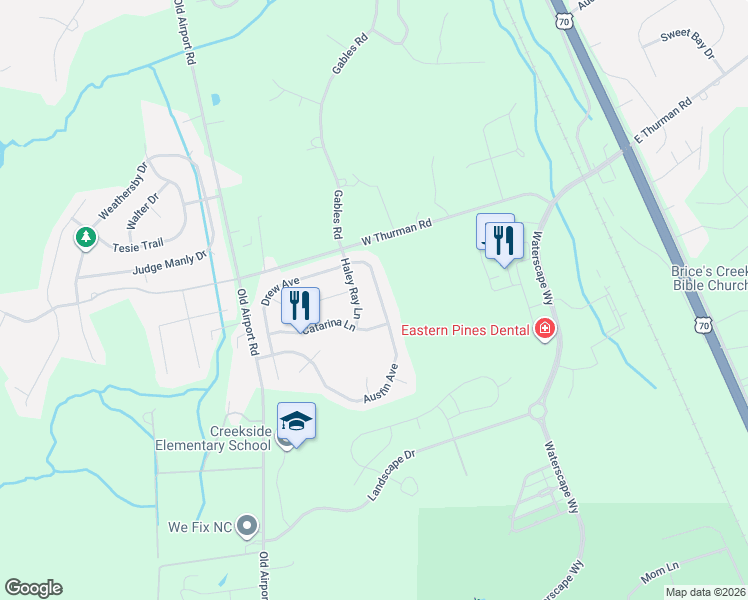 map of restaurants, bars, coffee shops, grocery stores, and more near 3223 Austin Avenue in New Bern