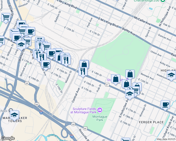 map of restaurants, bars, coffee shops, grocery stores, and more near 1317 Central Avenue in Chattanooga