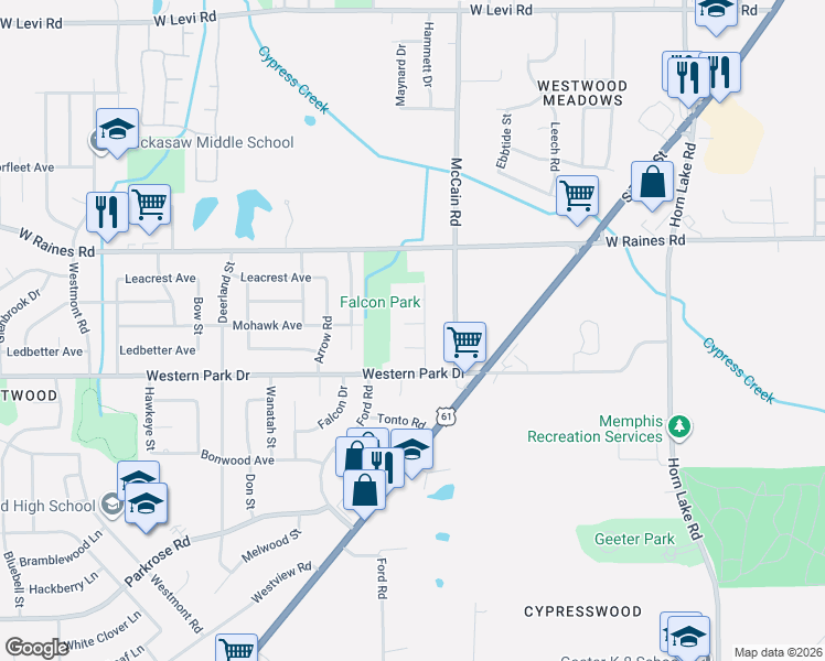 map of restaurants, bars, coffee shops, grocery stores, and more near 4254 Tonawanda Street in Memphis