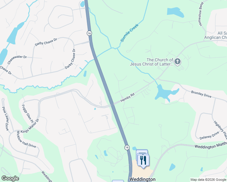 map of restaurants, bars, coffee shops, grocery stores, and more near 4009 Woodview Lane in Weddington