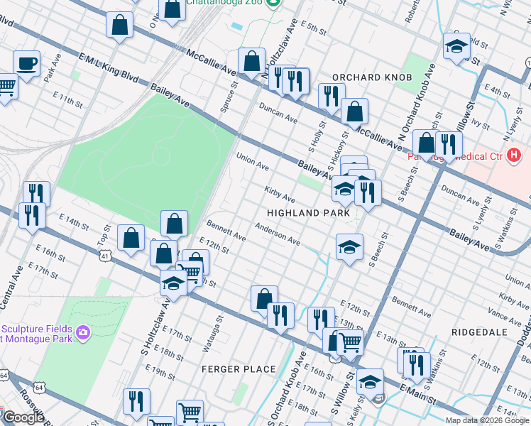 map of restaurants, bars, coffee shops, grocery stores, and more near 1506 Vance Avenue in Chattanooga