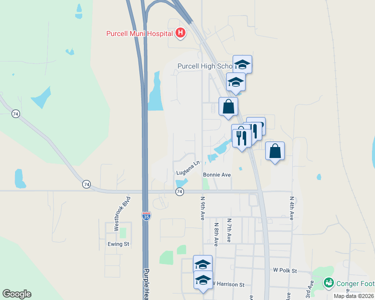 map of restaurants, bars, coffee shops, grocery stores, and more near 927 Louise Terrace in Purcell