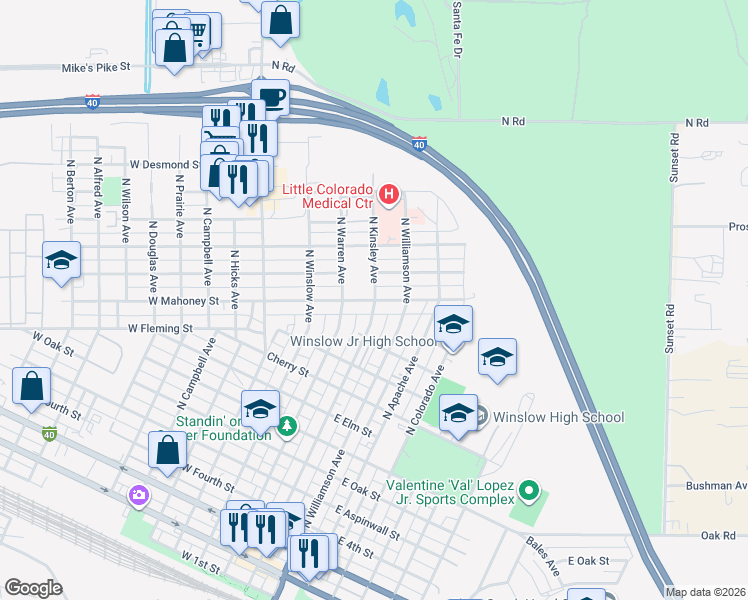 map of restaurants, bars, coffee shops, grocery stores, and more near 100 West Mahoney Street in Winslow