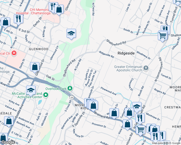 map of restaurants, bars, coffee shops, grocery stores, and more near 217 Buena Vista Drive in Chattanooga