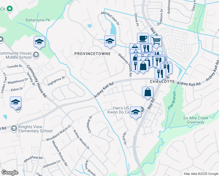 map of restaurants, bars, coffee shops, grocery stores, and more near 9140 Redmond Trace Road in Charlotte