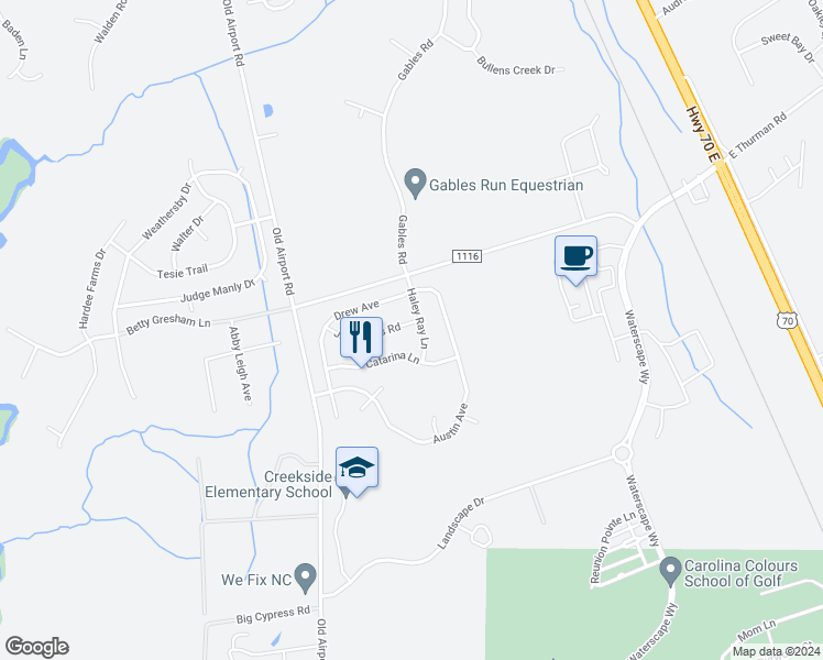 map of restaurants, bars, coffee shops, grocery stores, and more near 3101 John Willis Road in New Bern