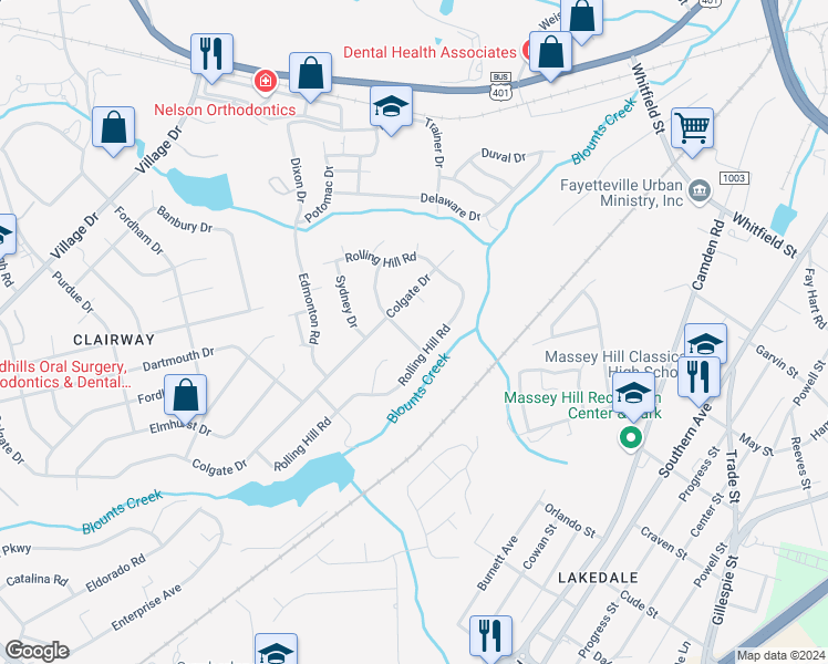 map of restaurants, bars, coffee shops, grocery stores, and more near 2709 Trenton Road in Fayetteville