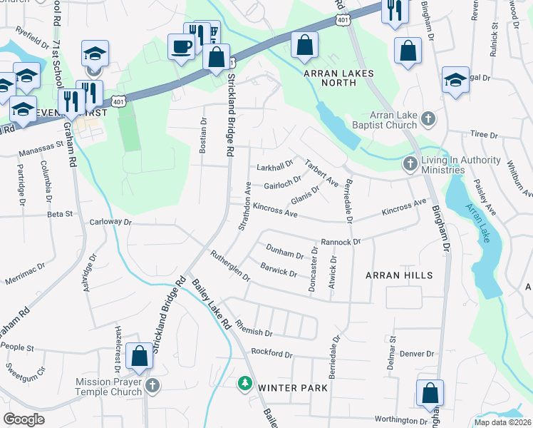 map of restaurants, bars, coffee shops, grocery stores, and more near 6441 Kincross Avenue in Fayetteville