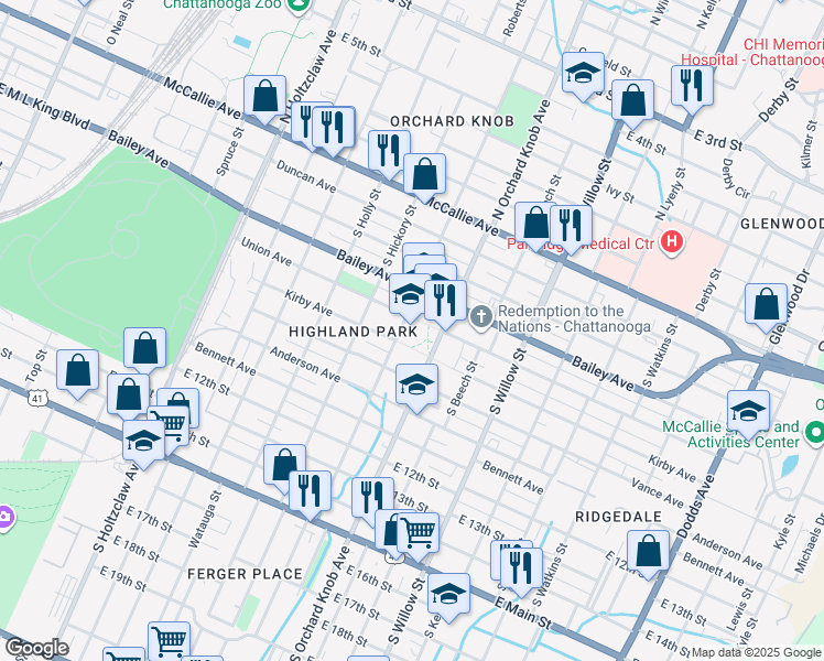 map of restaurants, bars, coffee shops, grocery stores, and more near 700 South Hawthorne Street in Chattanooga