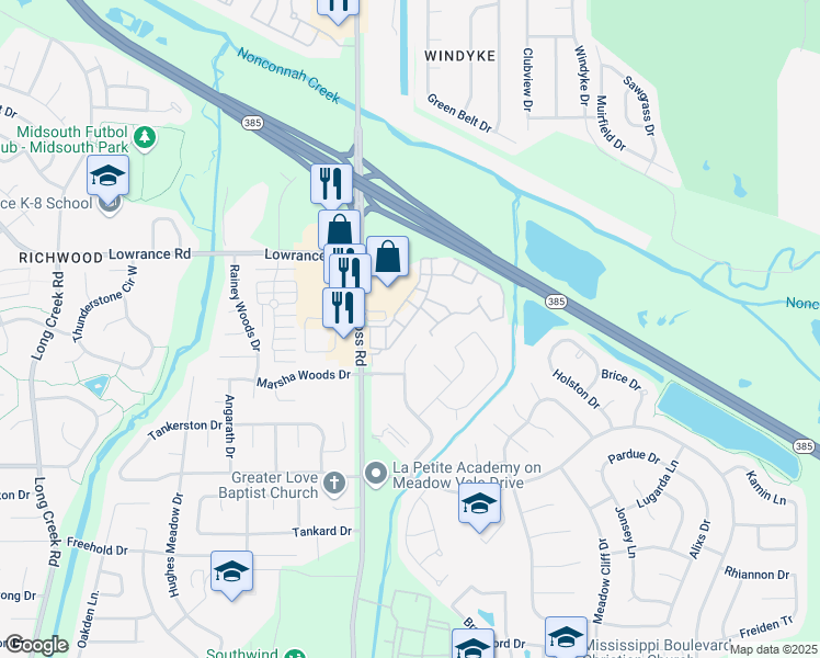 map of restaurants, bars, coffee shops, grocery stores, and more near 8042 Waterford Place in Memphis