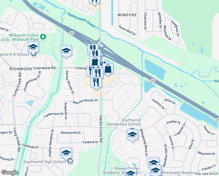 map of restaurants, bars, coffee shops, grocery stores, and more near 8042 Waterford Place in Memphis