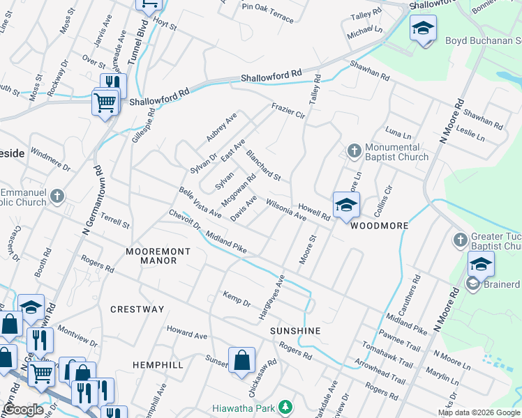 map of restaurants, bars, coffee shops, grocery stores, and more near 721 Larkin Avenue in Chattanooga