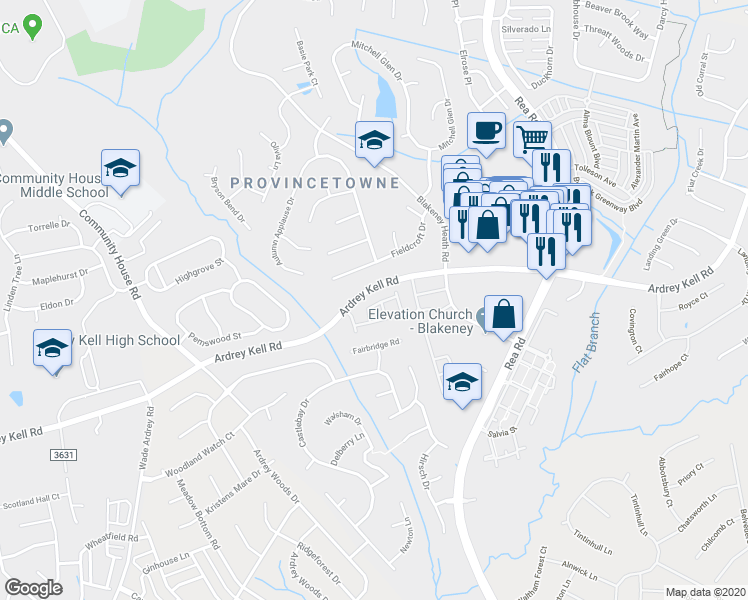 map of restaurants, bars, coffee shops, grocery stores, and more near 9136 Redmond Trace Road in Charlotte