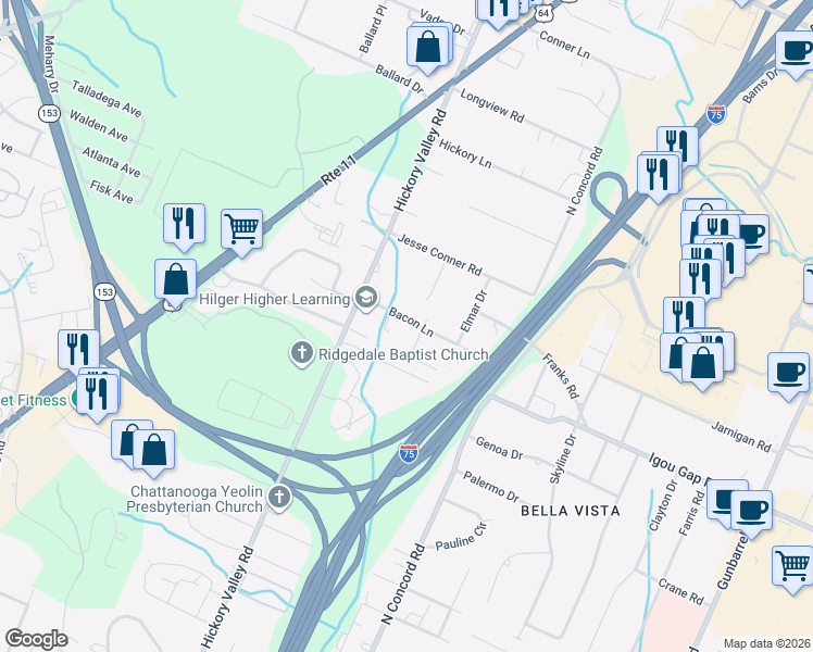 map of restaurants, bars, coffee shops, grocery stores, and more near 6822 Bacon Lane in Chattanooga