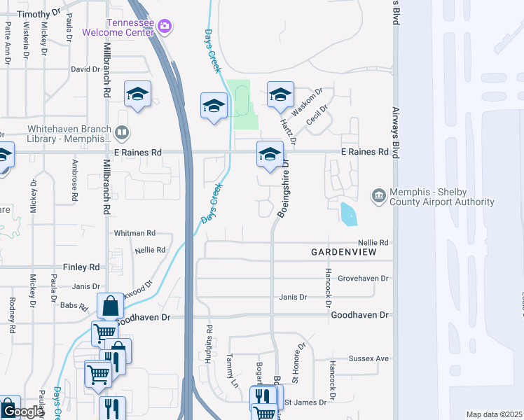 map of restaurants, bars, coffee shops, grocery stores, and more near 4257 Balboa Circle in Memphis
