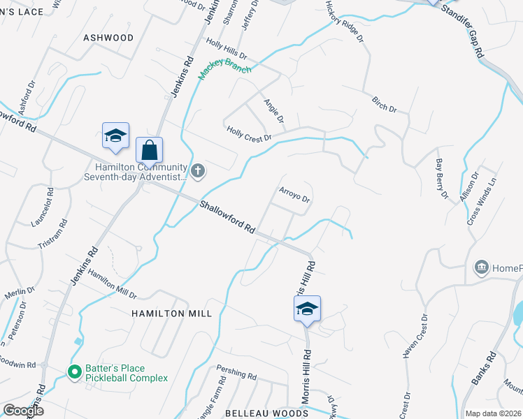 map of restaurants, bars, coffee shops, grocery stores, and more near 2307 Ranch Hills Road in Chattanooga