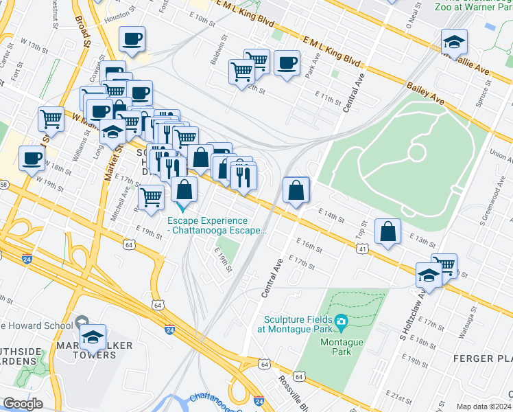 map of restaurants, bars, coffee shops, grocery stores, and more near 624 East Main Street in Chattanooga