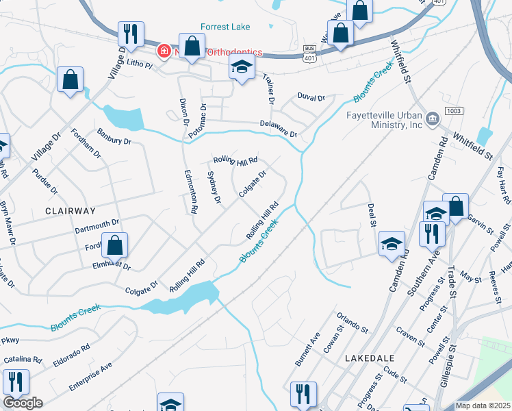 map of restaurants, bars, coffee shops, grocery stores, and more near 2709 Trenton Road in Fayetteville