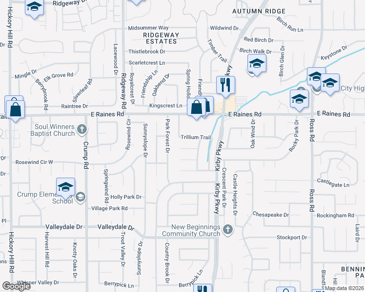 map of restaurants, bars, coffee shops, grocery stores, and more near 6360 Misty Crest Cove in Memphis