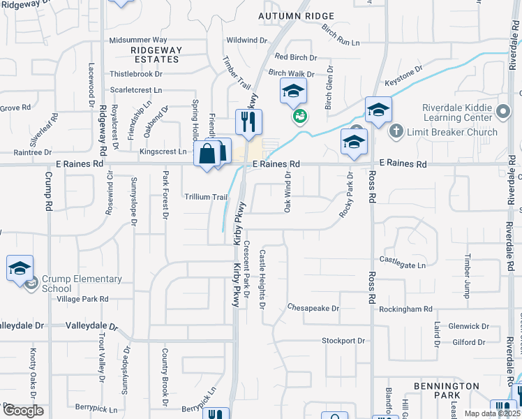 map of restaurants, bars, coffee shops, grocery stores, and more near 6486 Frosty Leaf Drive in Memphis