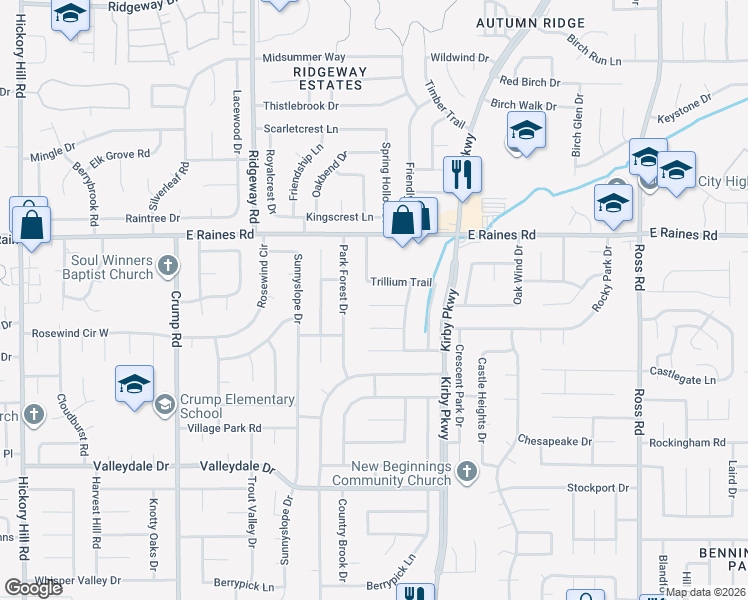 map of restaurants, bars, coffee shops, grocery stores, and more near 6360 Misty Crest Cove in Memphis