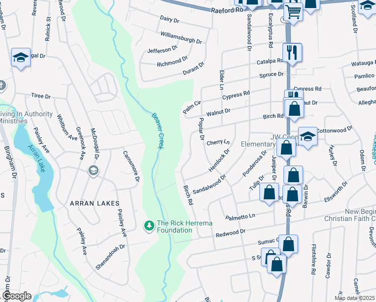 map of restaurants, bars, coffee shops, grocery stores, and more near 5416 Birch Road in Fayetteville