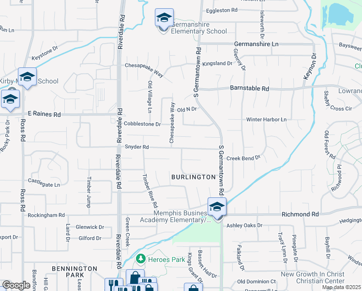 map of restaurants, bars, coffee shops, grocery stores, and more near 7120 Snyder Road in Memphis