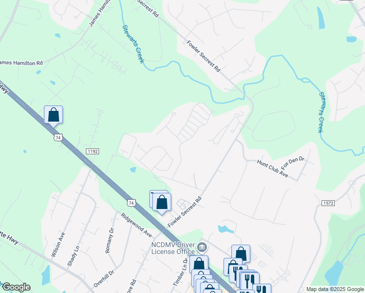 map of restaurants, bars, coffee shops, grocery stores, and more near 2558 Woodlands Creek Drive in Monroe