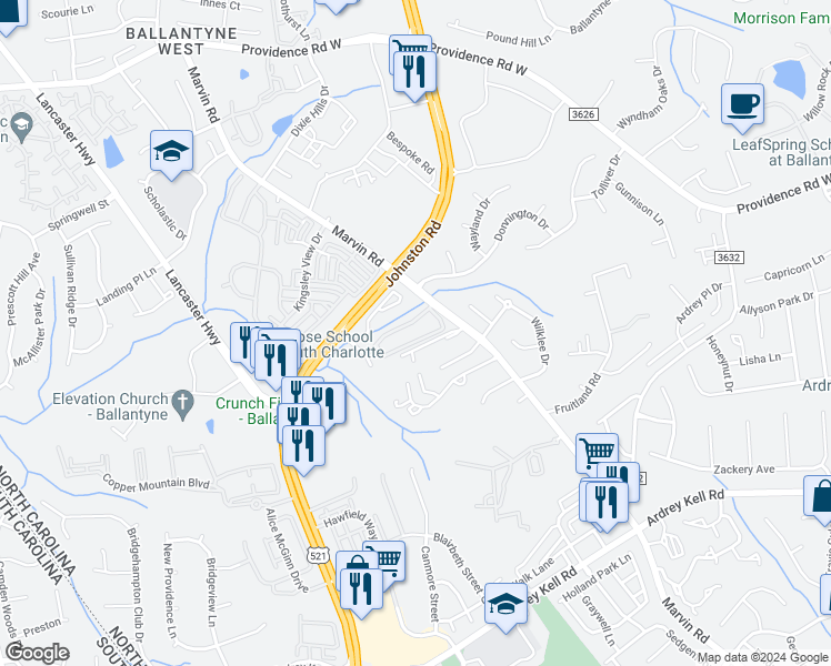 map of restaurants, bars, coffee shops, grocery stores, and more near 15711 Clems Creek Lane in Charlotte