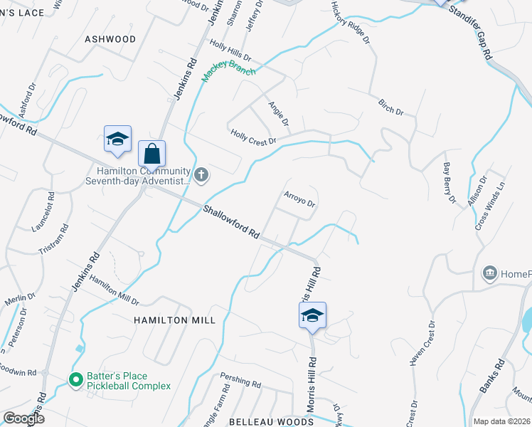 map of restaurants, bars, coffee shops, grocery stores, and more near 2307 Ranch Hills Road in Chattanooga
