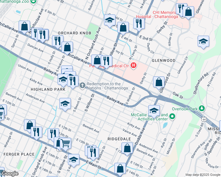 map of restaurants, bars, coffee shops, grocery stores, and more near 2209 Chamberlain Avenue in Chattanooga