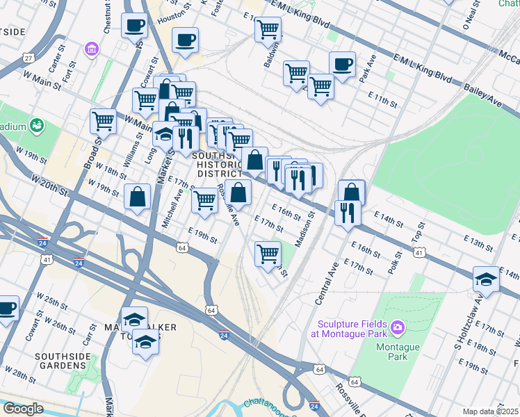 map of restaurants, bars, coffee shops, grocery stores, and more near 501 East 17th Street in Chattanooga