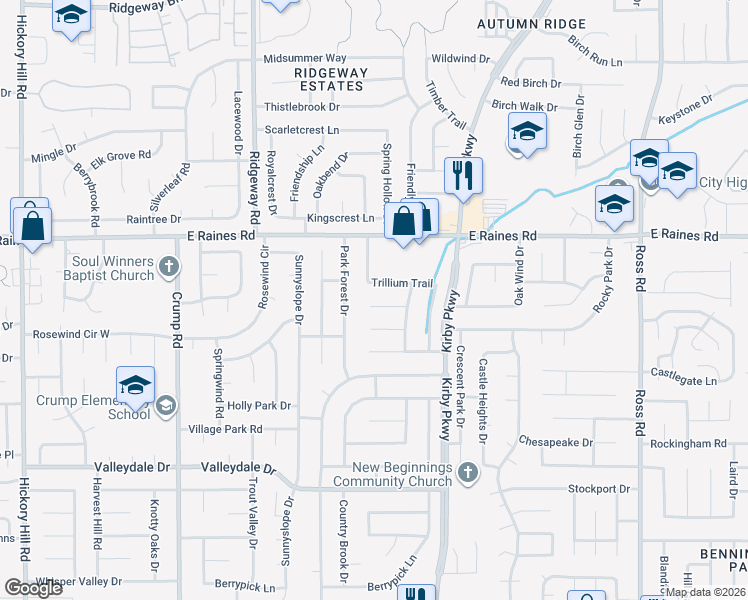 map of restaurants, bars, coffee shops, grocery stores, and more near 6360 Misty Crest Cove in Memphis