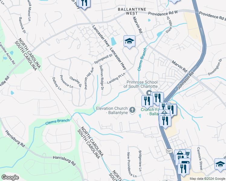 map of restaurants, bars, coffee shops, grocery stores, and more near 17125 Clementine Court in Charlotte