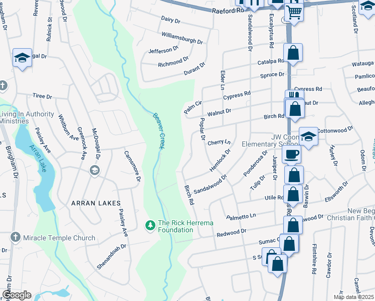 map of restaurants, bars, coffee shops, grocery stores, and more near 5419 Birch Road in Fayetteville