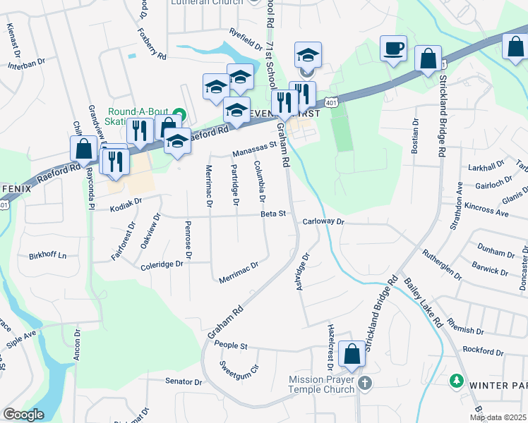 map of restaurants, bars, coffee shops, grocery stores, and more near 7210 Beta Street in Fayetteville